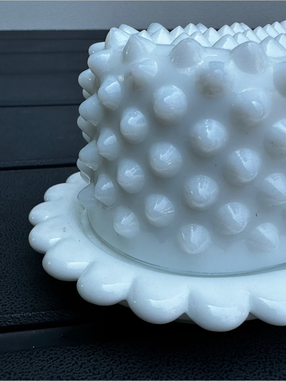 Vintage Fenton Hobnail Milk Glass Covered Butter Dish w/ Scalloped Edge